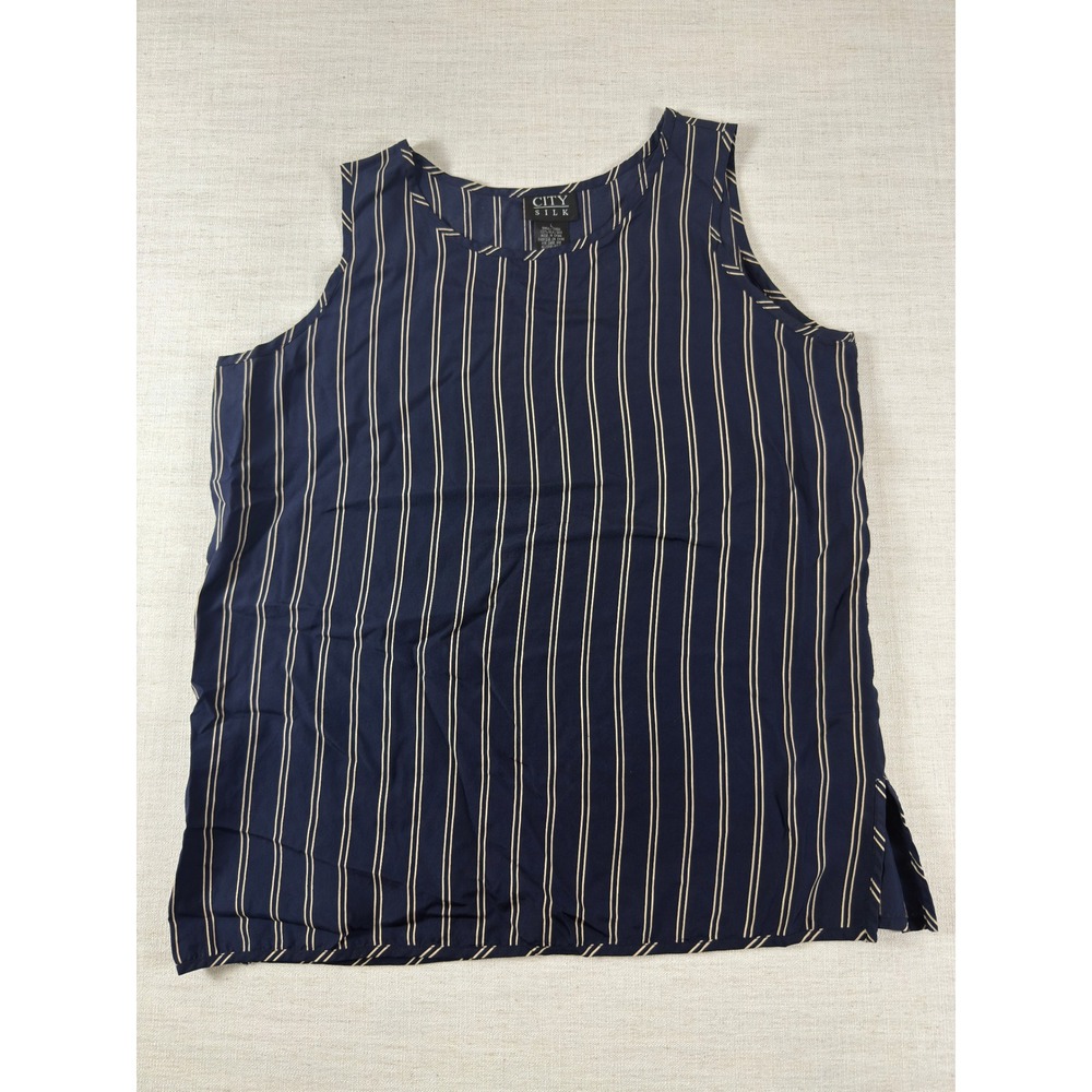 City Silk Navy Blue Pinstripe 100% Silk Sleeveless Tank Top Blouse Large